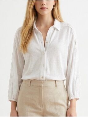 Chico's White Button-Down Crochet-Trim Shirt